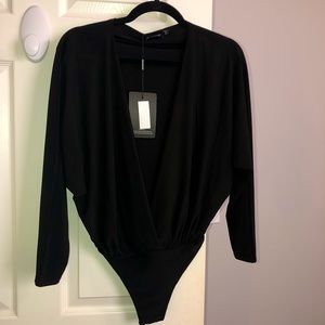 NWT PrettyLittleThing Black Plunge Neck Bodysuit